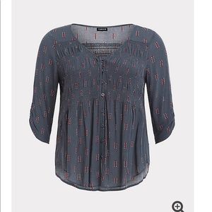 Blue Smocked Button Loop Gauze Blouse